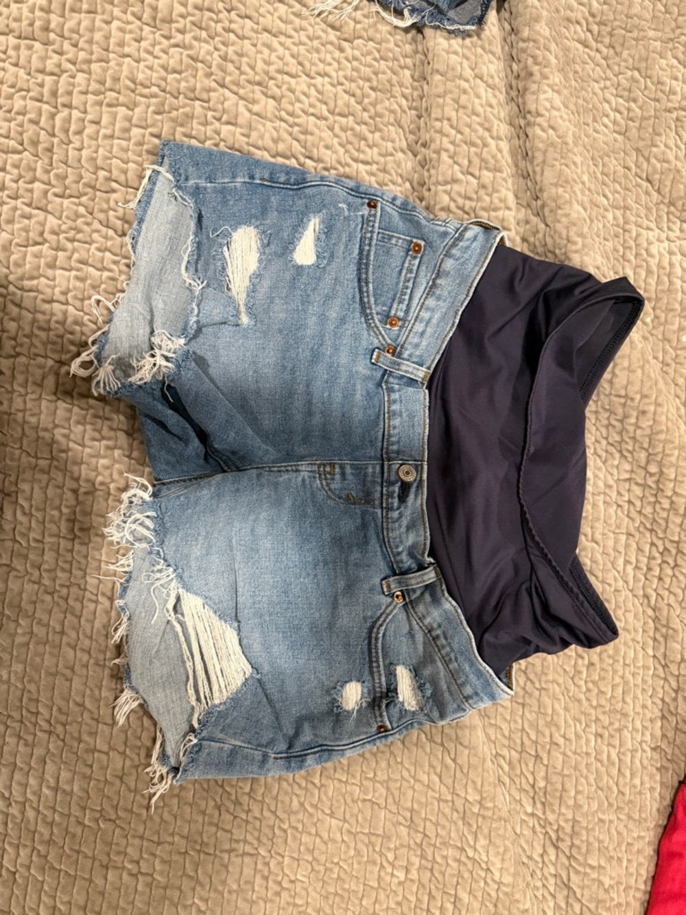 Abercrombie & Fitch Light Blue Distressed Denim Maternity Shorts with Navy Panel